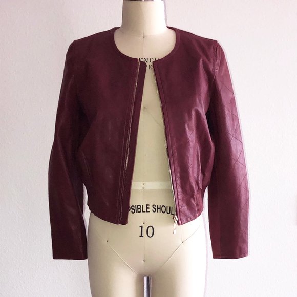Club Monaco Red Cropped Leather Bomber Jacket